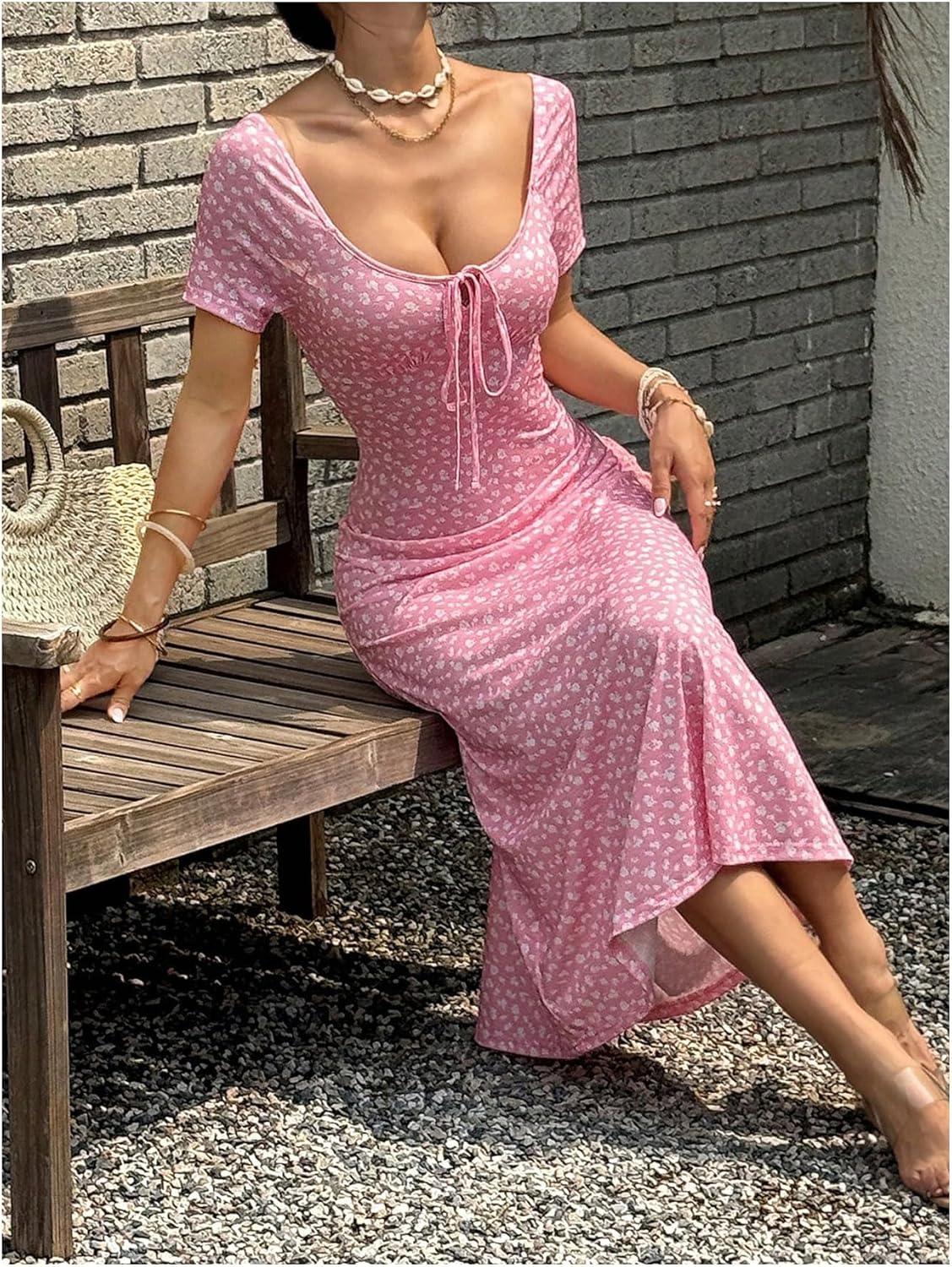 imageFloerns Womens Floral Tie Front Midi Beach Dress Short Sleeve Wedding Guest DressesPink