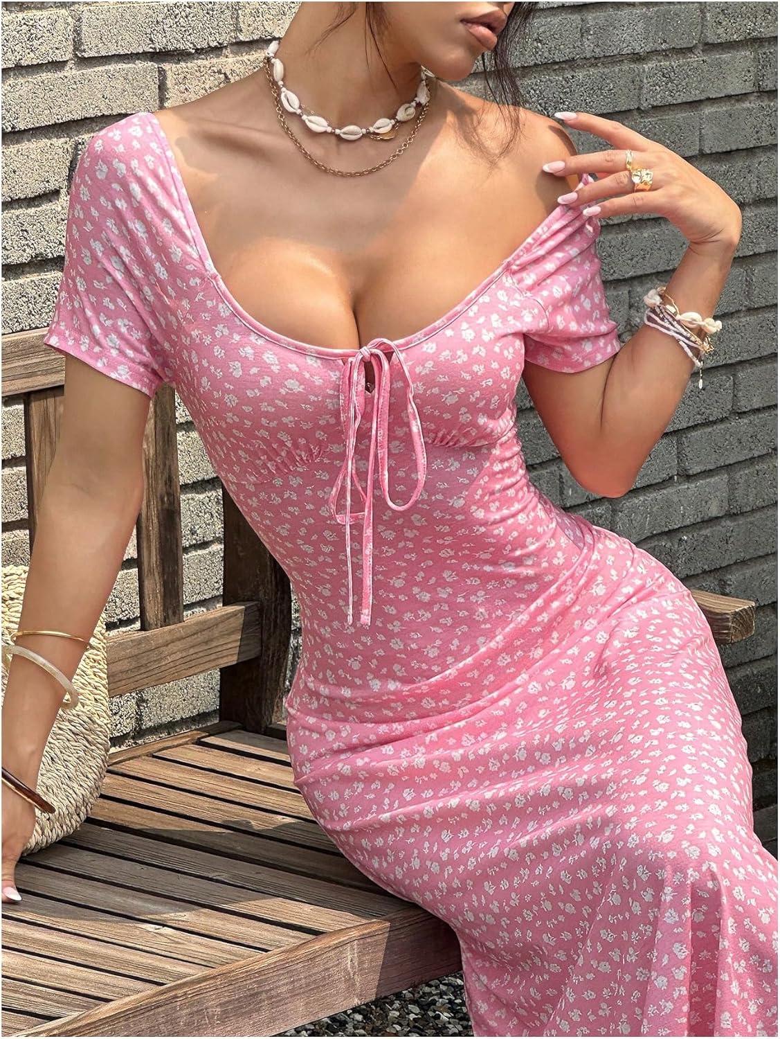 imageFloerns Womens Floral Tie Front Midi Beach Dress Short Sleeve Wedding Guest DressesPink