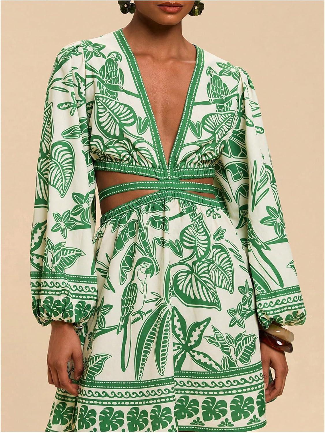 imageFloerns Womens Tropical Bishop Sleeve Mini Dress Cut Out Tie Back V Neck Beach A Line DressesGreen