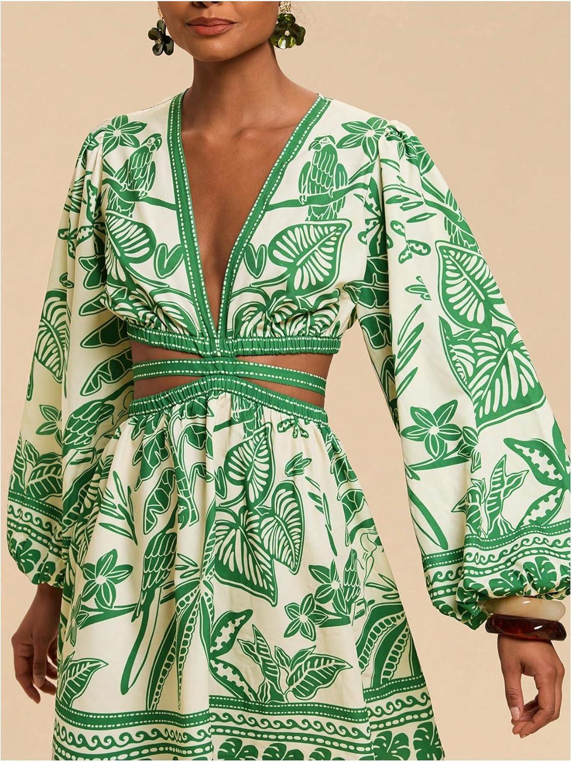 imageFloerns Womens Tropical Bishop Sleeve Mini Dress Cut Out Tie Back V Neck Beach A Line DressesGreen