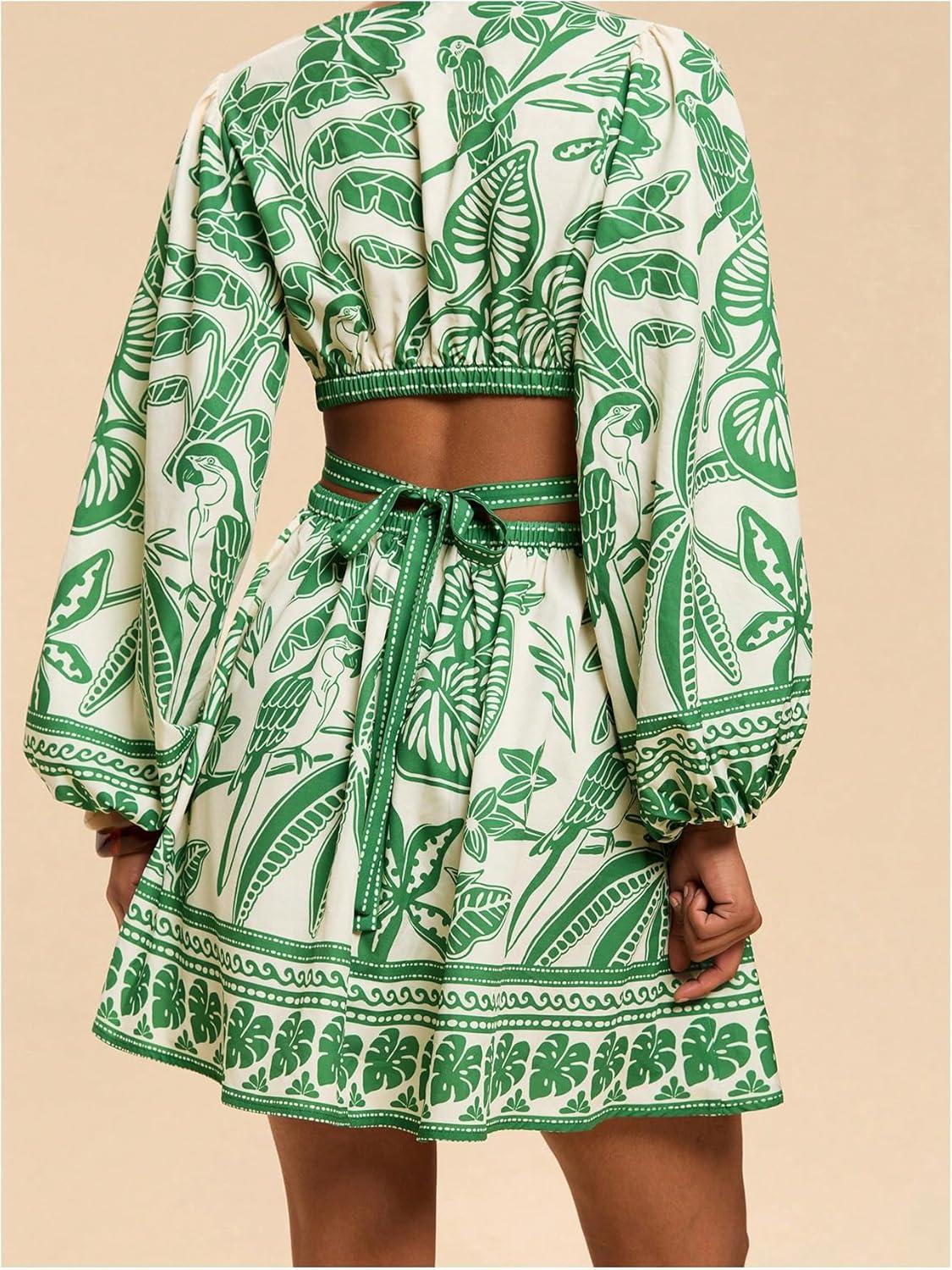 imageFloerns Womens Tropical Bishop Sleeve Mini Dress Cut Out Tie Back V Neck Beach A Line DressesGreen