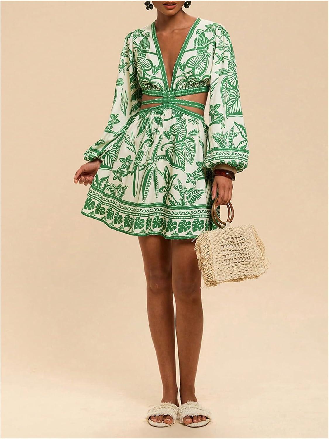 imageFloerns Womens Tropical Bishop Sleeve Mini Dress Cut Out Tie Back V Neck Beach A Line DressesGreen