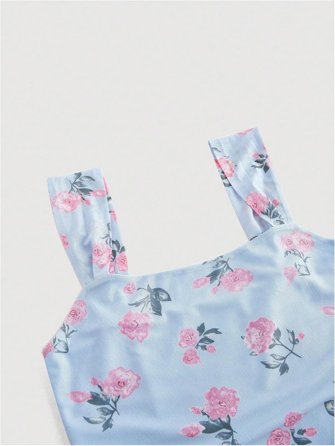 imageFloerns Womens Rose Floral Print Mesh Midi Dress Fishtail Hem Vacation Bodycon DressesBlue