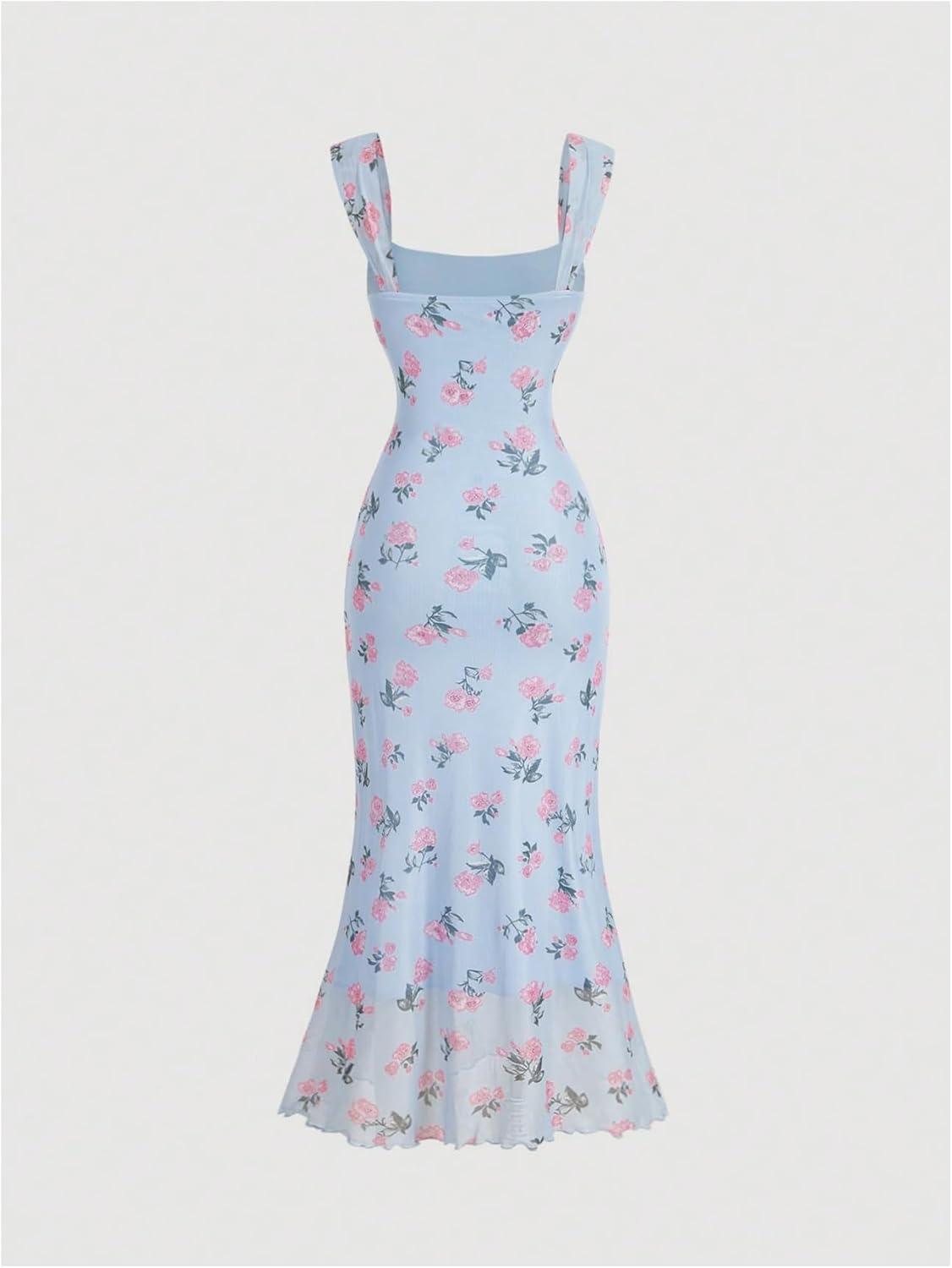 imageFloerns Womens Rose Floral Print Mesh Midi Dress Fishtail Hem Vacation Bodycon DressesBlue