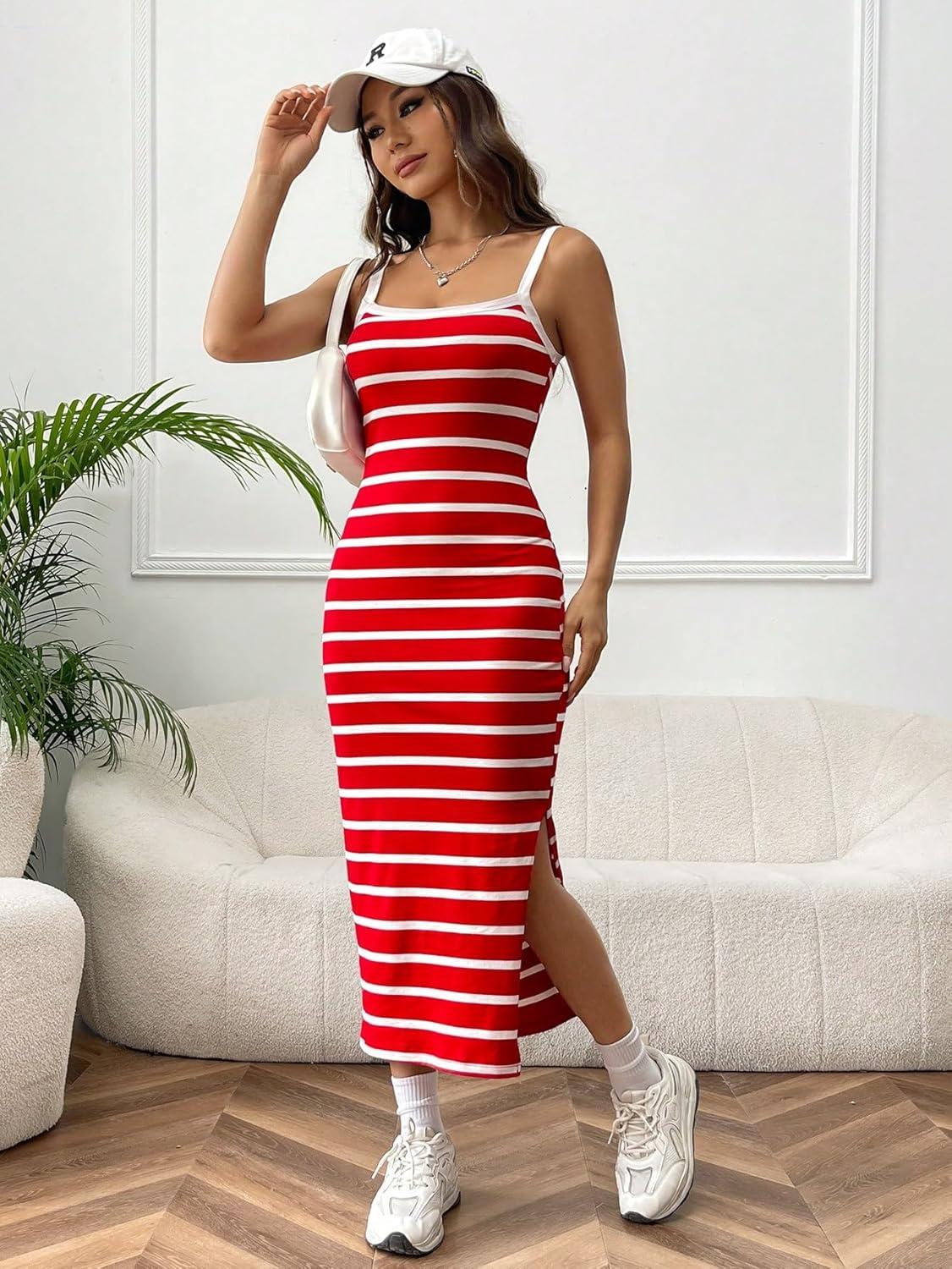imageFloerns Womens Striped Print Sleeveless Split Thigh Casual Cami Long DressRed and White