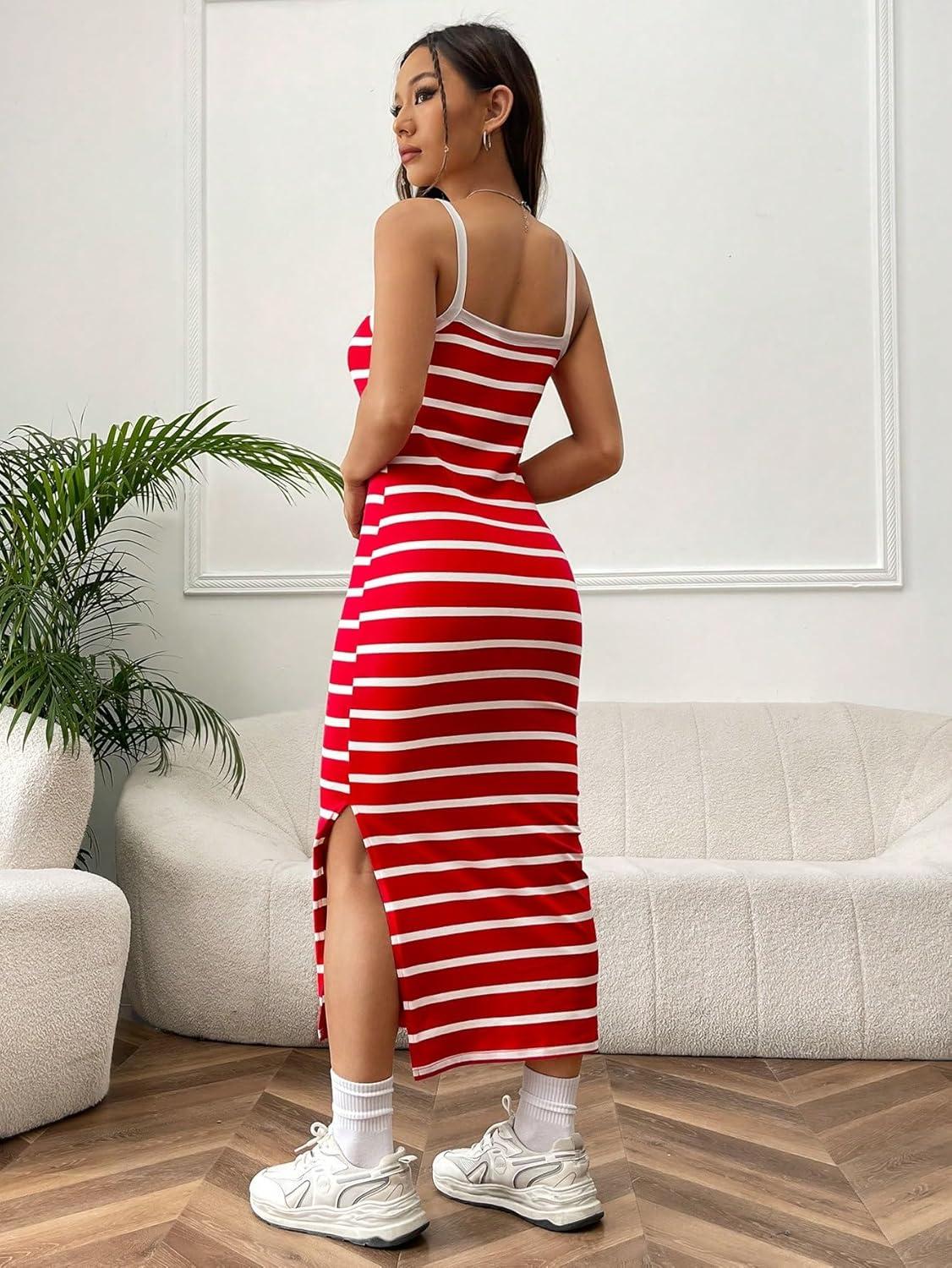 imageFloerns Womens Striped Print Sleeveless Split Thigh Casual Cami Long DressRed and White