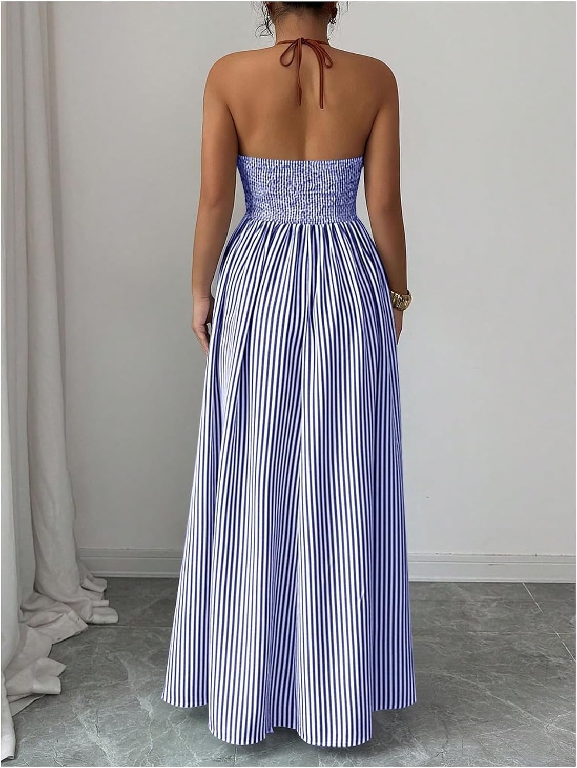 image:imageFloerns Womens Striped Halter Maxi Dress Backless Smocked Beach Vacation Boho DressBlue and White