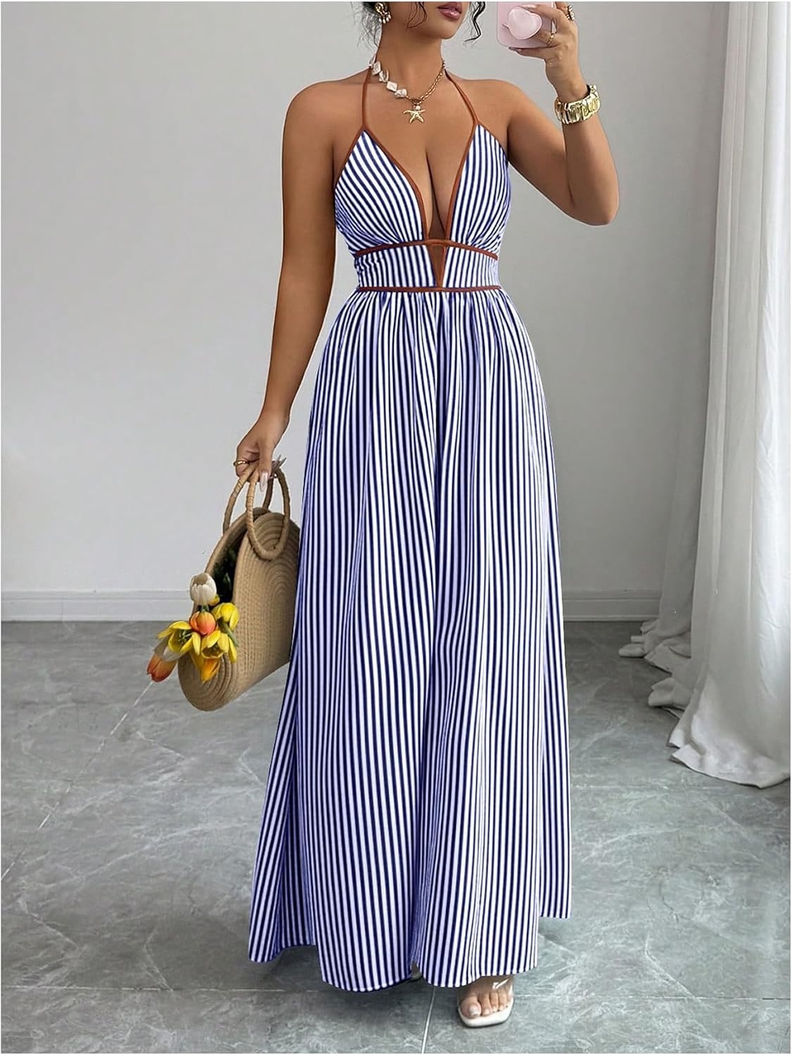 image:imageFloerns Womens Striped Halter Maxi Dress Backless Smocked Beach Vacation Boho DressBlue and White