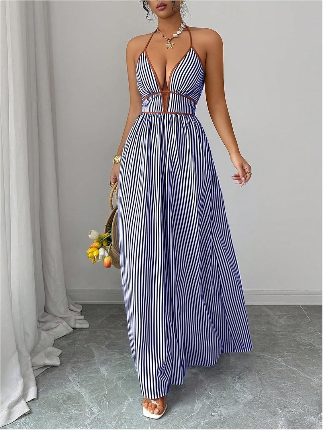 image:imageFloerns Womens Striped Halter Maxi Dress Backless Smocked Beach Vacation Boho DressBlue and White