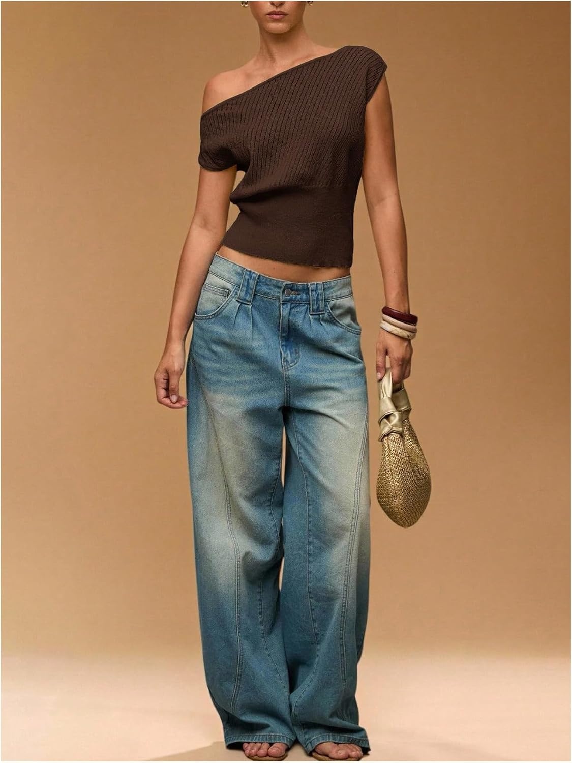 image:imageFloerns Womens Off The Shoulder Sweaters Short Sleeve Asymmetrical Rib Knit Pullover TopsCoffee Brown