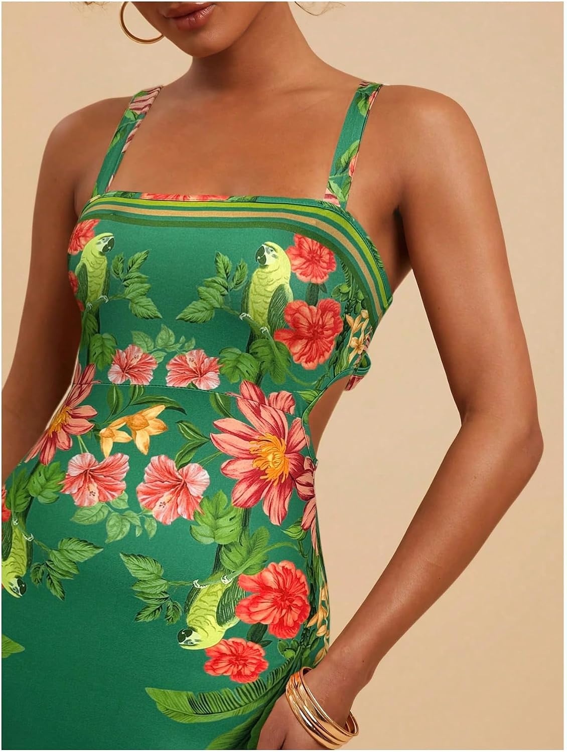 image:imageFloerns Womens Tropical Bow Tie Back Long Dress Sleeveless Split Vacation Maxi DressGreen Red