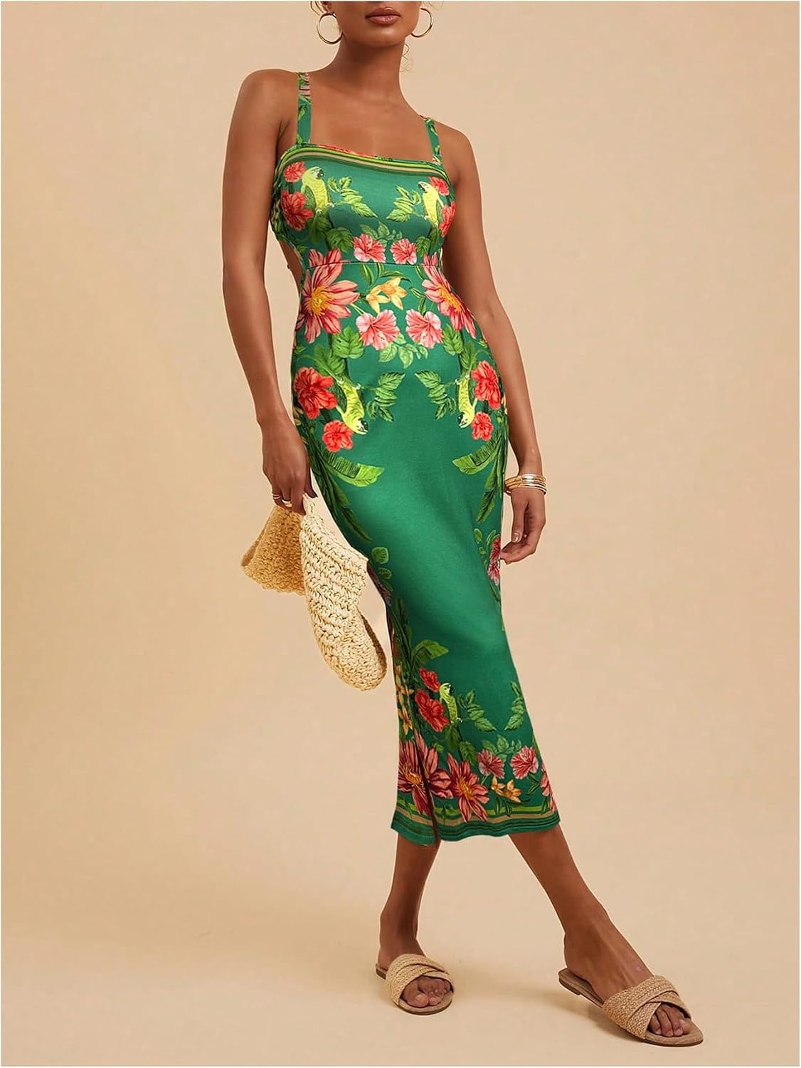 image:imageFloerns Womens Tropical Bow Tie Back Long Dress Sleeveless Split Vacation Maxi DressGreen Red