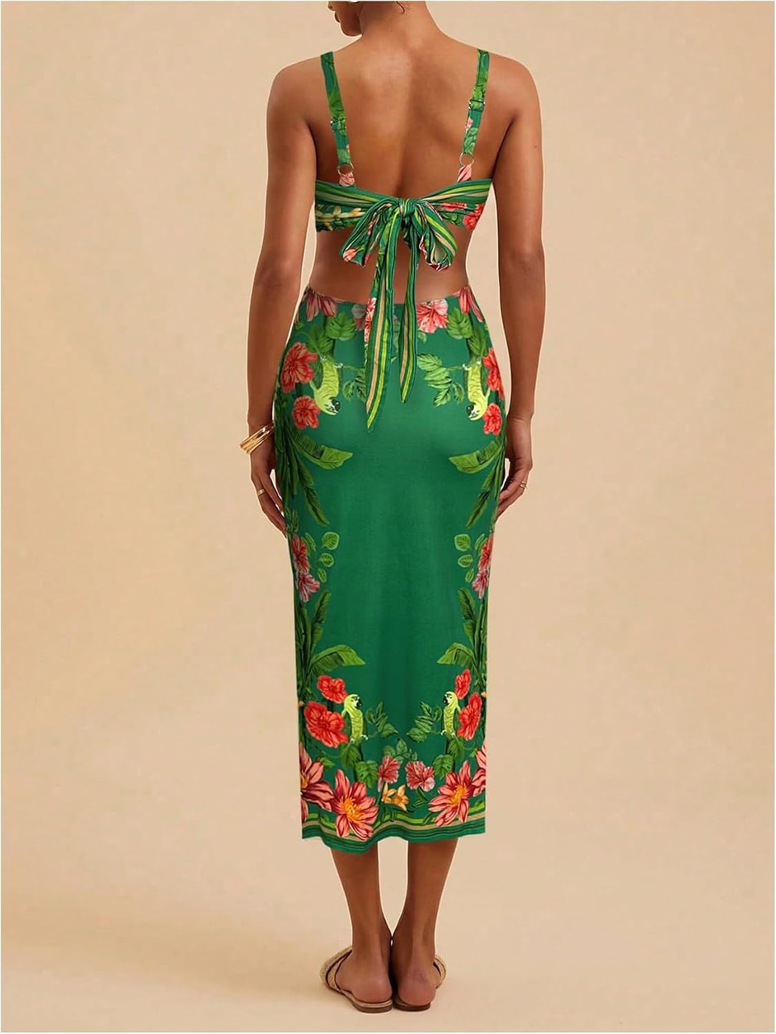 image:imageFloerns Womens Tropical Bow Tie Back Long Dress Sleeveless Split Vacation Maxi DressGreen Red