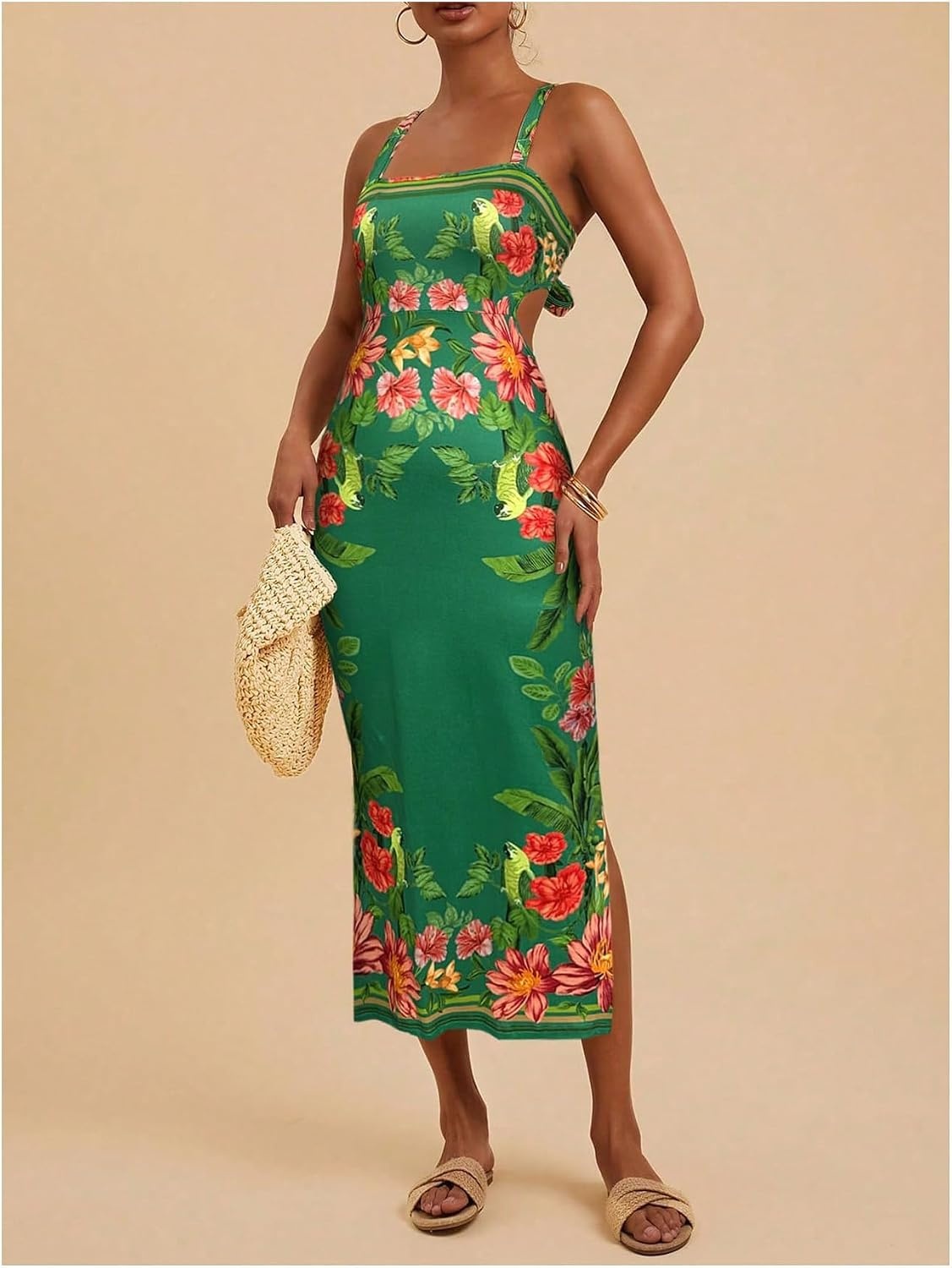 image:imageFloerns Womens Tropical Bow Tie Back Long Dress Sleeveless Split Vacation Maxi DressGreen Red