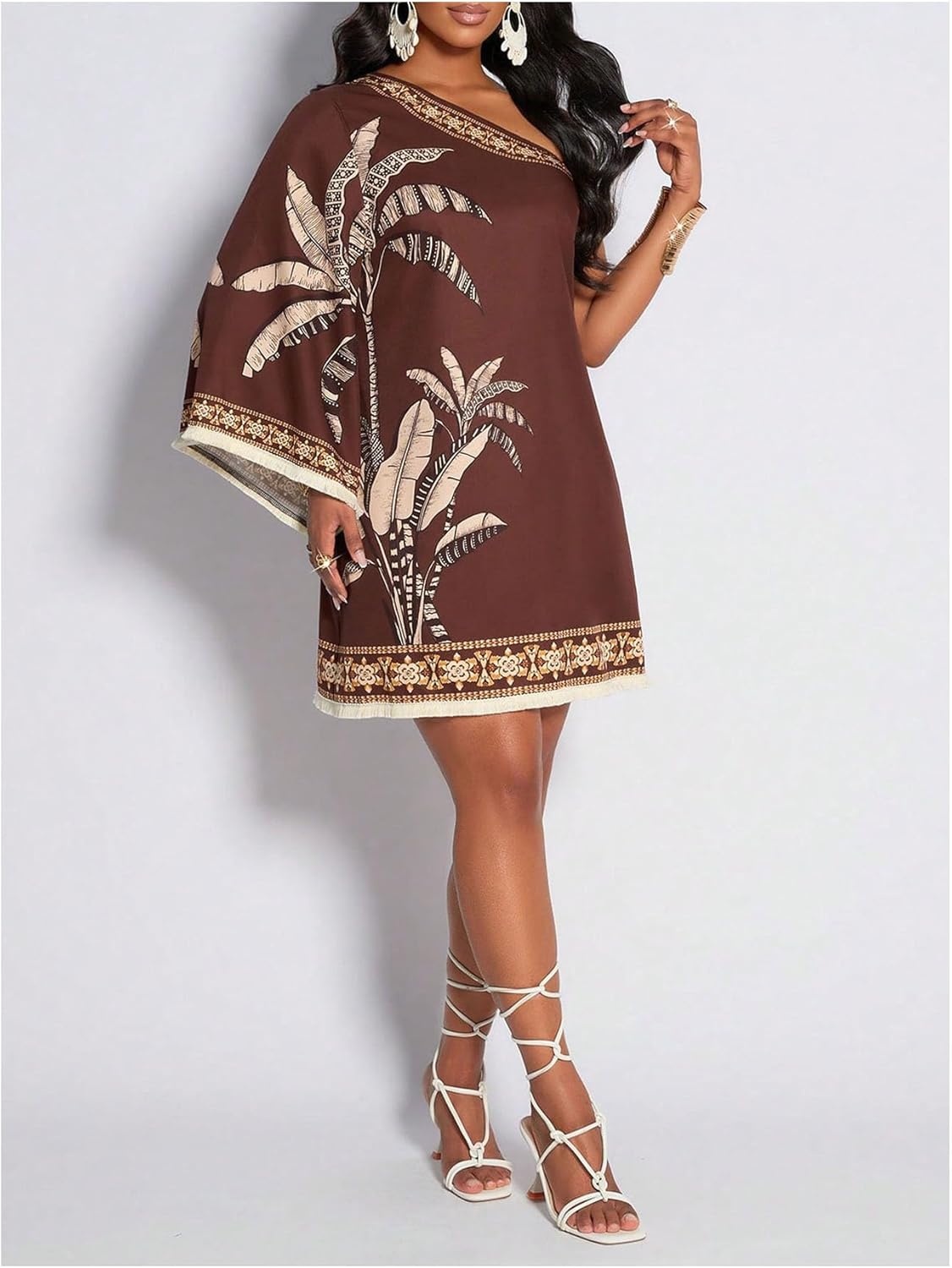 image:imageFloerns Womens Tropical One Shoulder Tunic Dress Dolman Sleeve Beach Vacation Summer DressesRust Brown