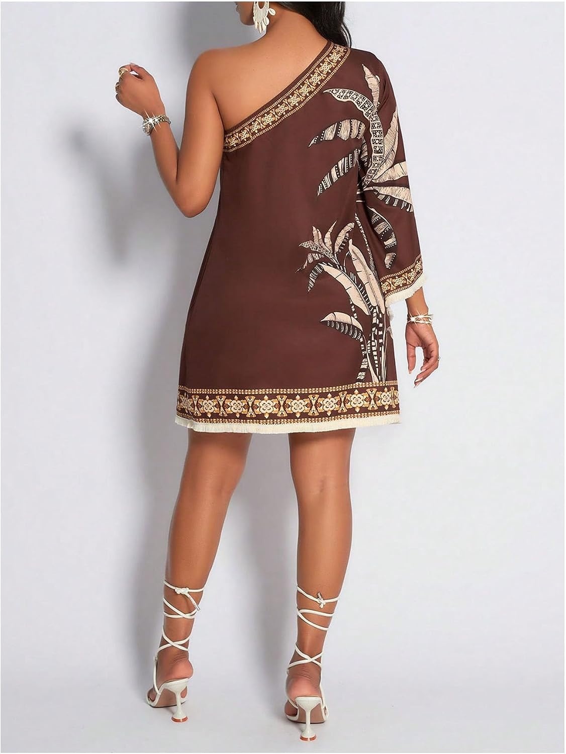 image:imageFloerns Womens Tropical One Shoulder Tunic Dress Dolman Sleeve Beach Vacation Summer DressesRust Brown
