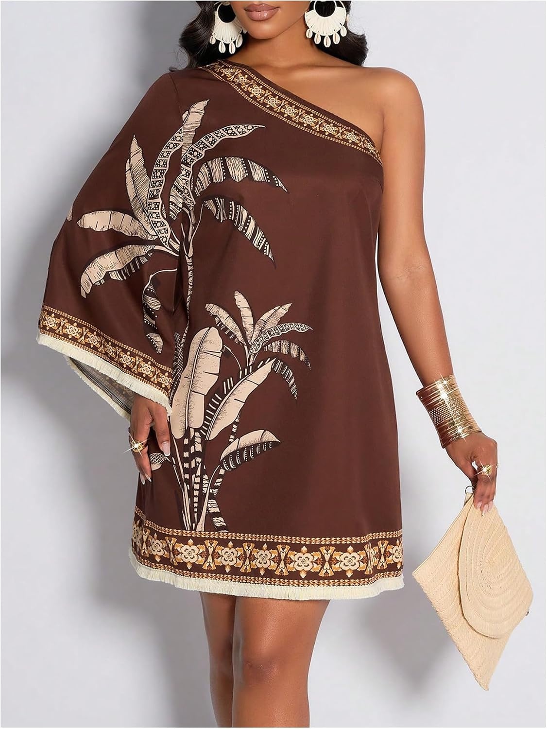 image:imageFloerns Womens Tropical One Shoulder Tunic Dress Dolman Sleeve Beach Vacation Summer DressesRust Brown