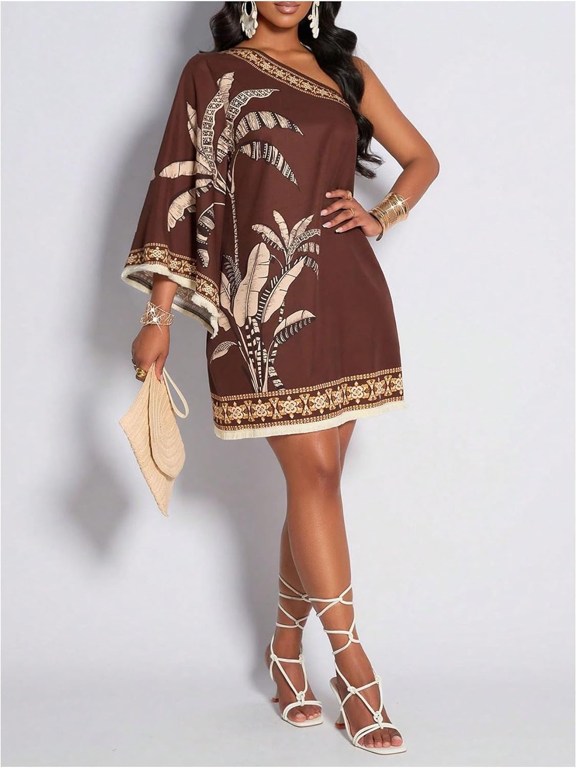 image:imageFloerns Womens Tropical One Shoulder Tunic Dress Dolman Sleeve Beach Vacation Summer DressesRust Brown
