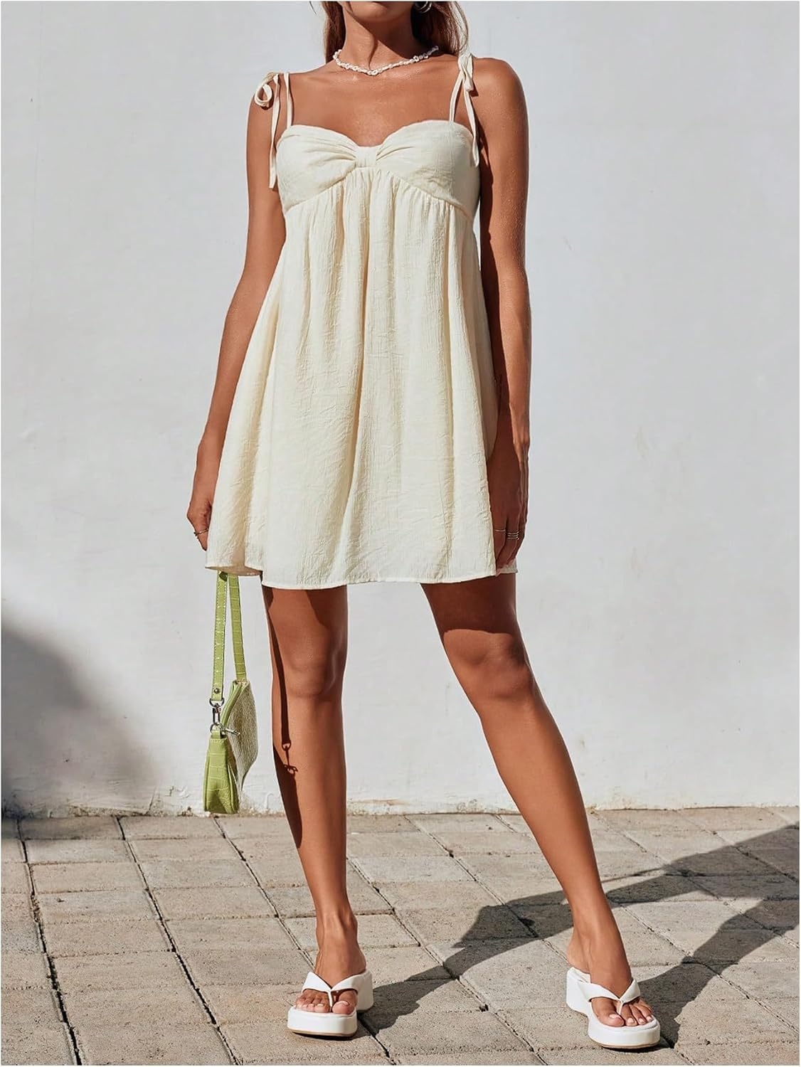 image:imageFloerns Womens Bowknot Tie Shoulder Cami Dress Sleeveless A Line Vacation Mini DressesApricot