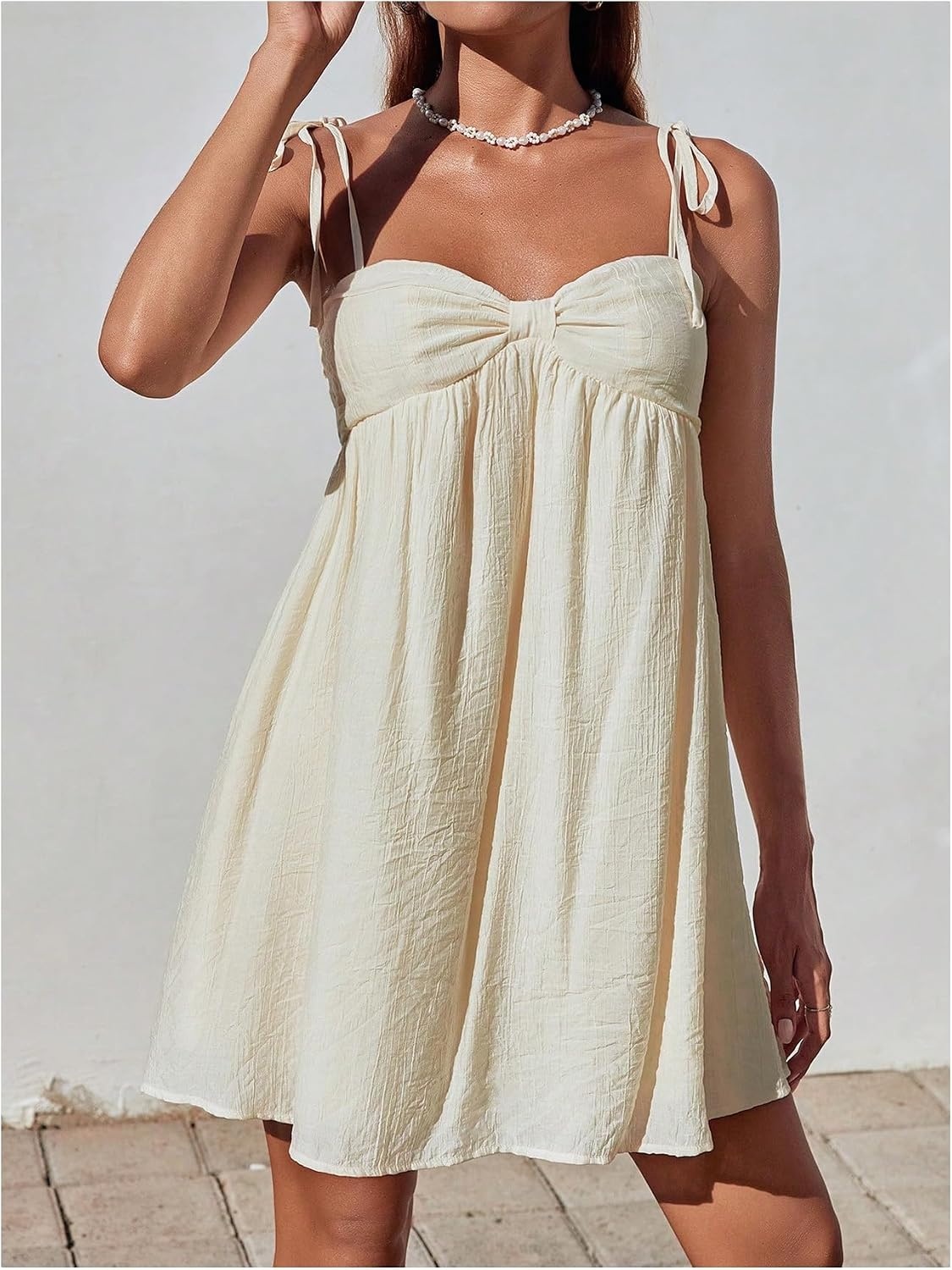 image:imageFloerns Womens Bowknot Tie Shoulder Cami Dress Sleeveless A Line Vacation Mini DressesApricot
