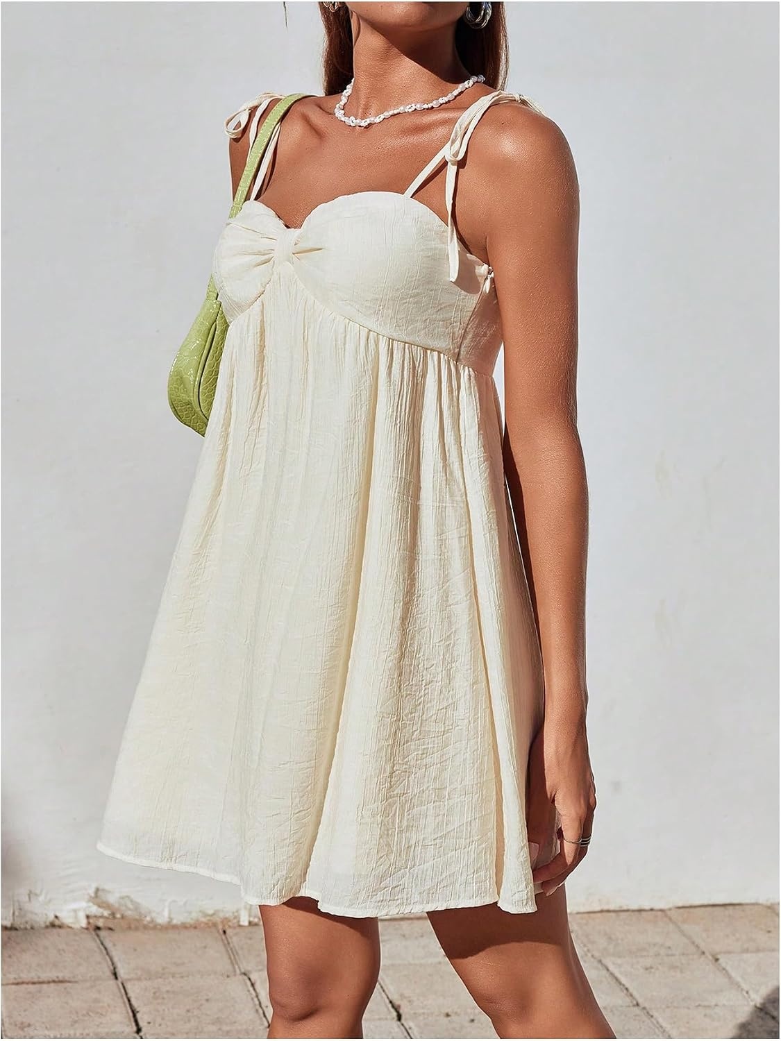 image:imageFloerns Womens Bowknot Tie Shoulder Cami Dress Sleeveless A Line Vacation Mini DressesApricot