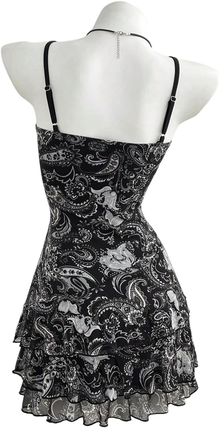 image:imageFloerns Womens Paisley Boho Dresses Lace Trim V Neck Layered Ruffle Concert Outfit Mini DressBlack