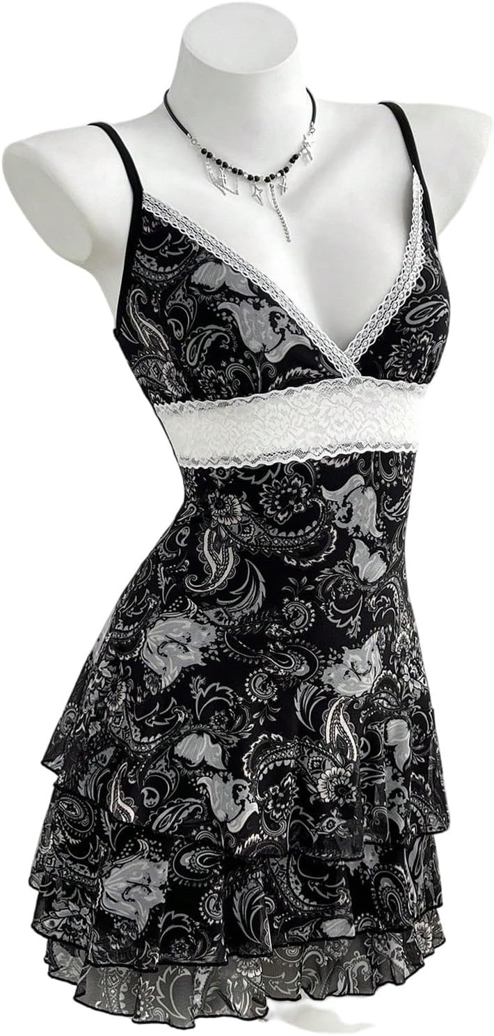 image:imageFloerns Womens Paisley Boho Dresses Lace Trim V Neck Layered Ruffle Concert Outfit Mini DressBlack