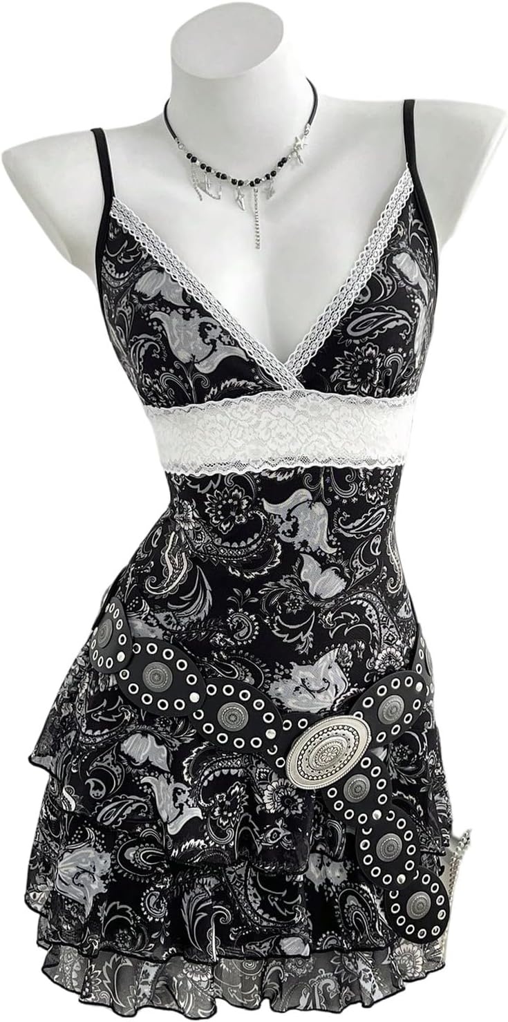 image:imageFloerns Womens Paisley Boho Dresses Lace Trim V Neck Layered Ruffle Concert Outfit Mini DressBlack