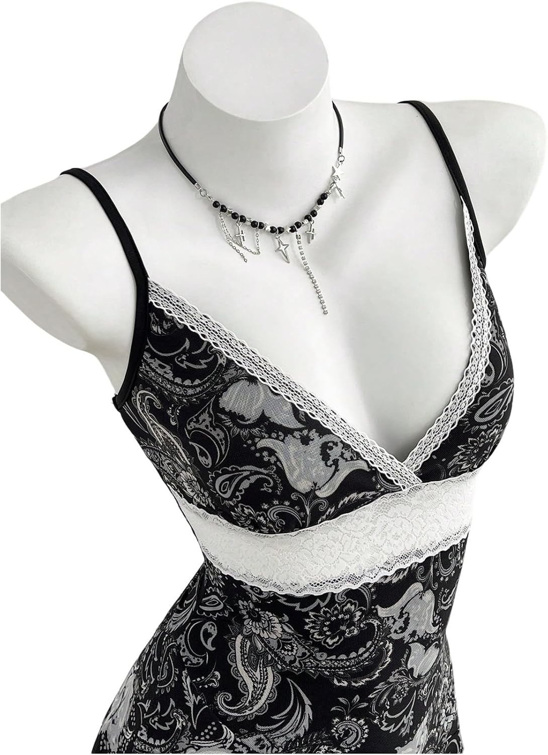 image:imageFloerns Womens Paisley Boho Dresses Lace Trim V Neck Layered Ruffle Concert Outfit Mini DressBlack