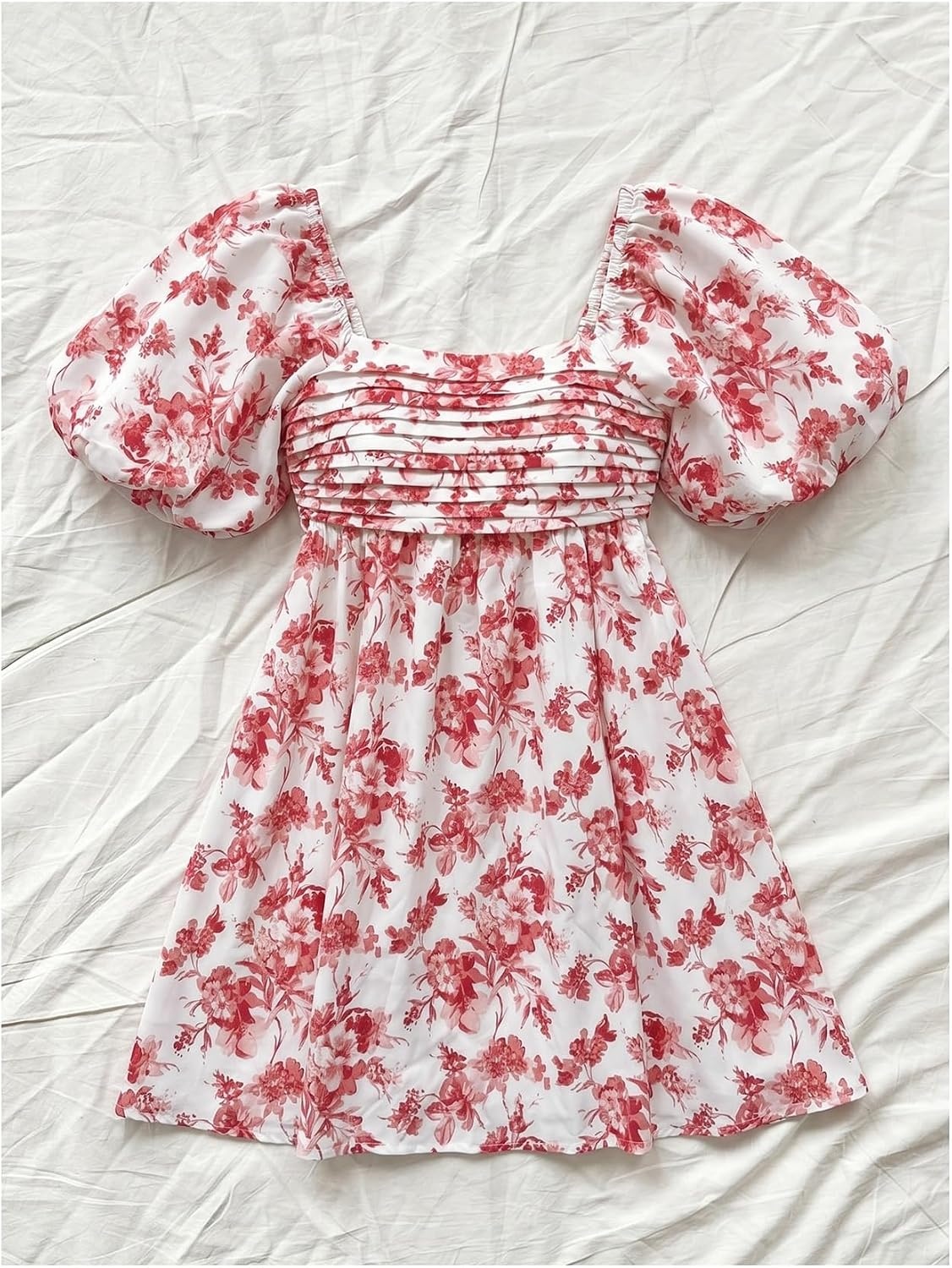 image:imageFloerns Womens Floral Dress Puff Sleeve Square Neck Mini DressesRed and White