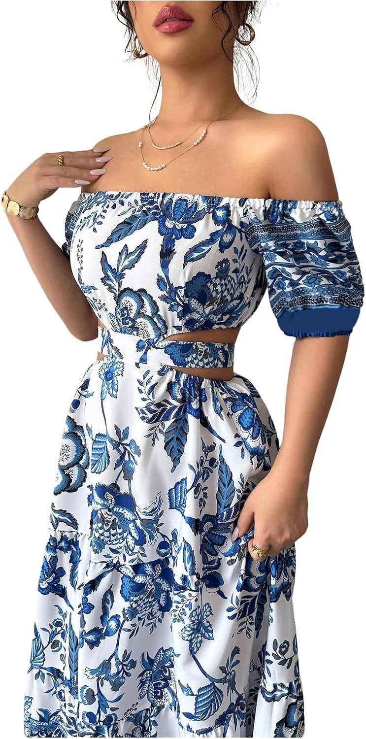 image:imageFloerns Womens Floral Off The Shoulder Maxi Dress Cut Out Bowknot Tiered A Line Beach Dresses Blue Medium