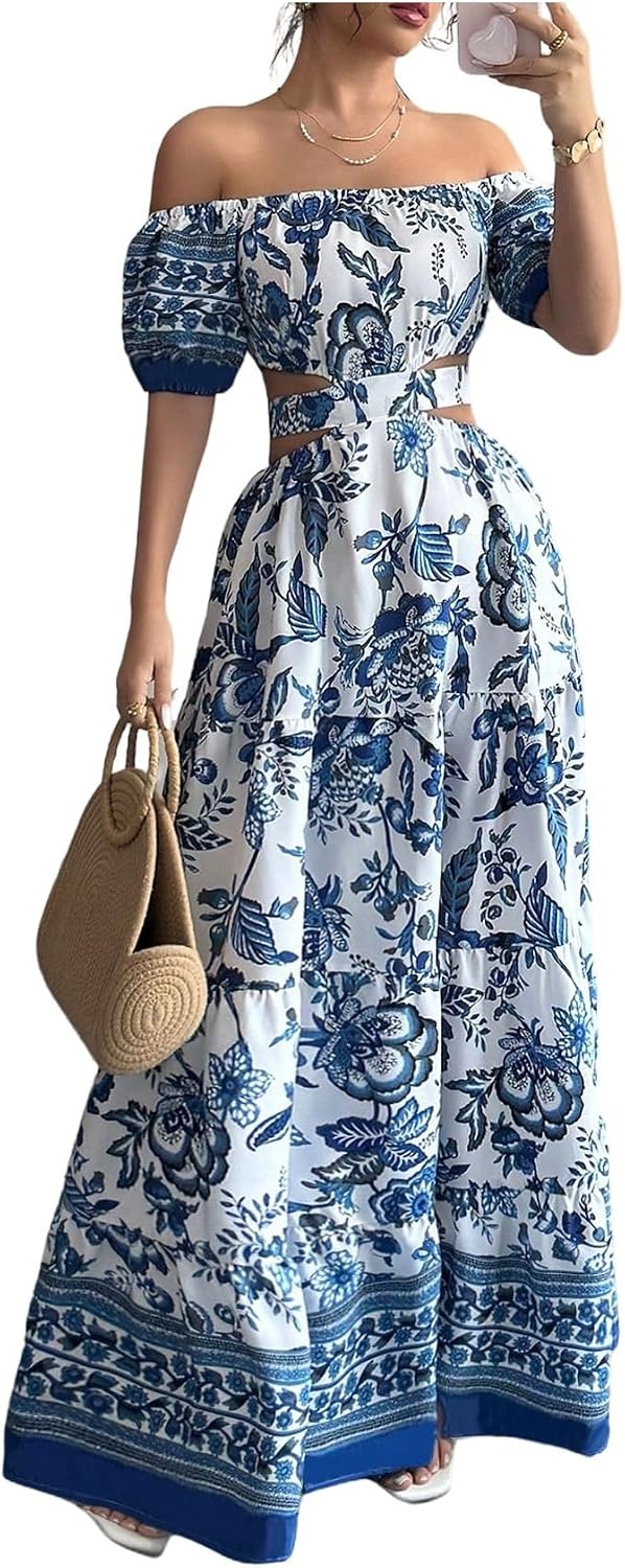 image:imageFloerns Womens Floral Off The Shoulder Maxi Dress Cut Out Bowknot Tiered A Line Beach Dresses Blue Medium