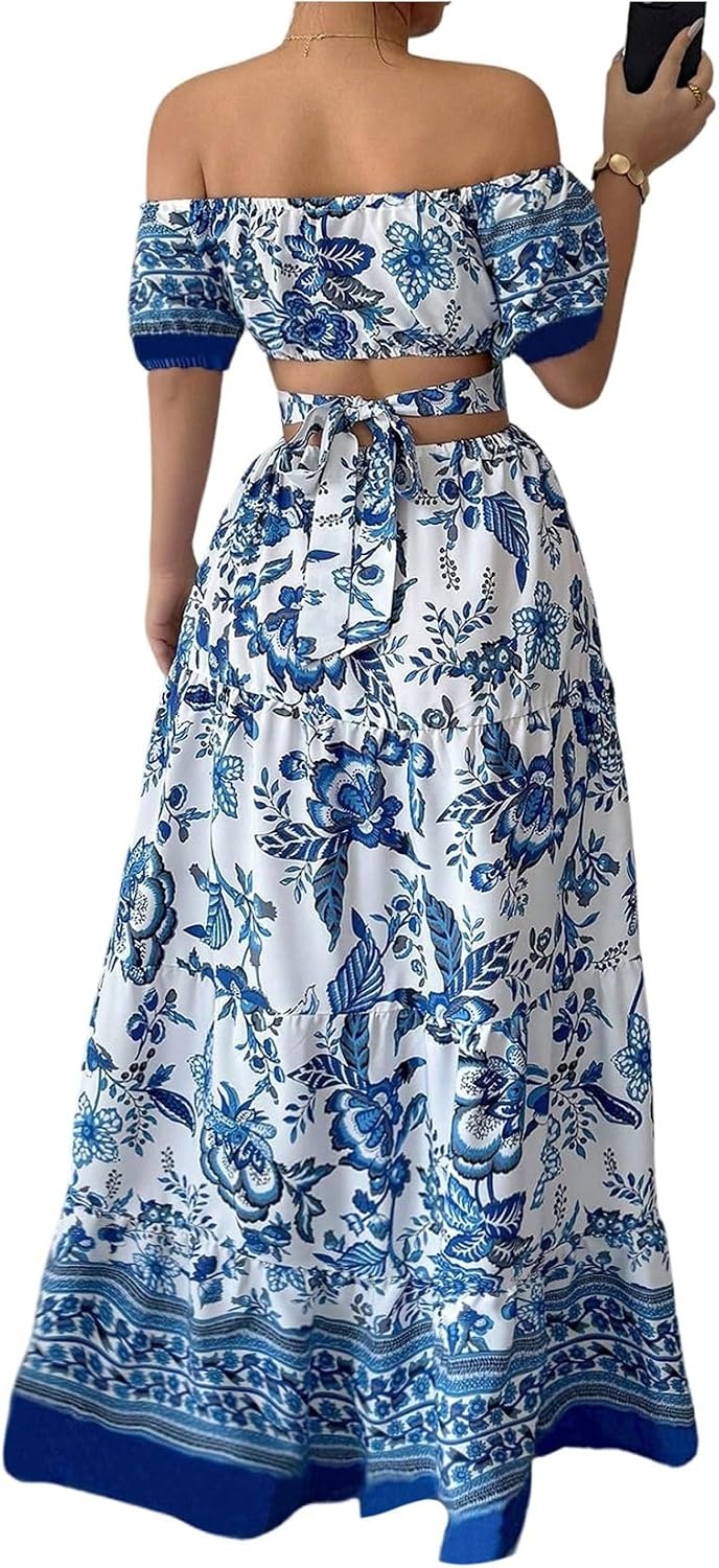 image:imageFloerns Womens Floral Off The Shoulder Maxi Dress Cut Out Bowknot Tiered A Line Beach Dresses Blue Medium