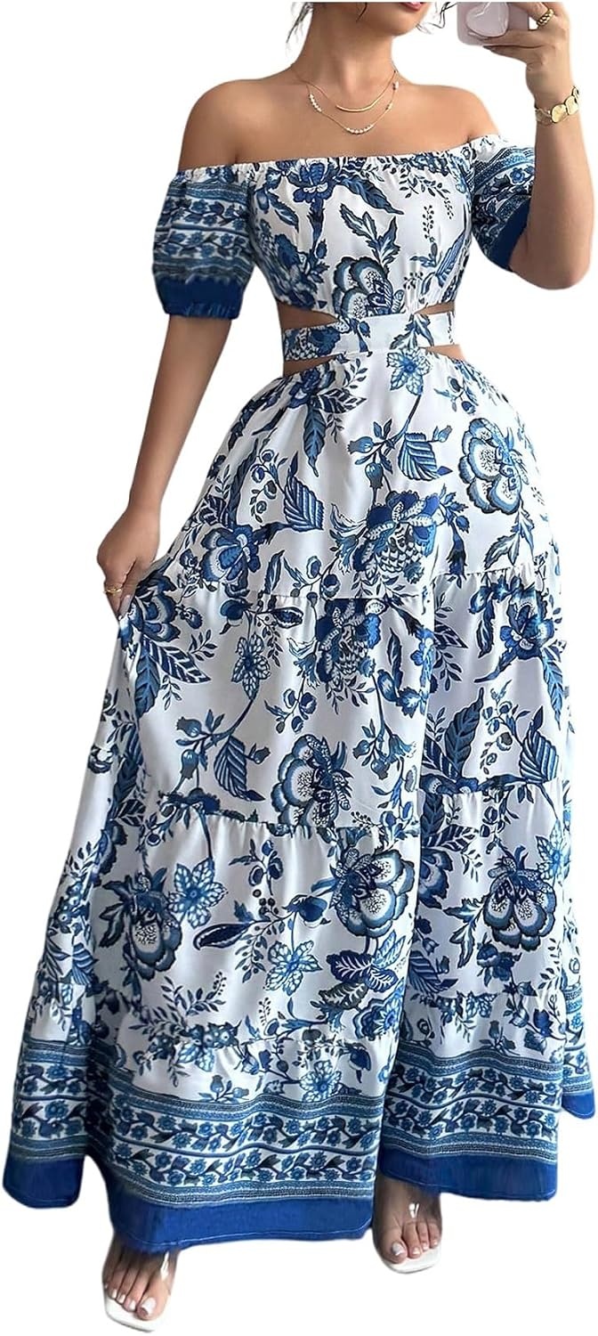 image:imageFloerns Womens Floral Off The Shoulder Maxi Dress Cut Out Bowknot Tiered A Line Beach Dresses Blue Medium