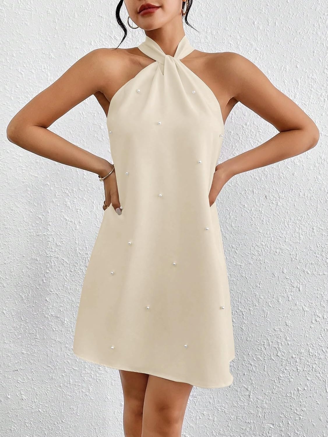 image:imageFloerns Womens Pearl Beaded Halter Twist Sleeveless Tie Back DressCream Beige